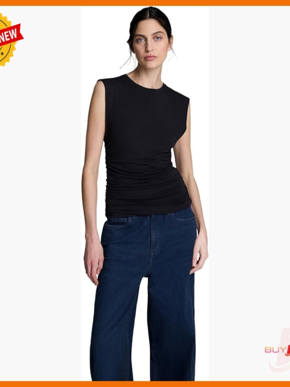 Sleeveless Side Ruched Knit Tank Top, Fitted Crew Neck, Viscose Blend